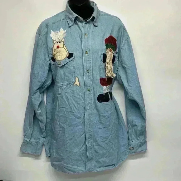 Old world Christmas old Time denim shirt, medium 100% cotton reindeer and Santa - Picture 1 of 4
